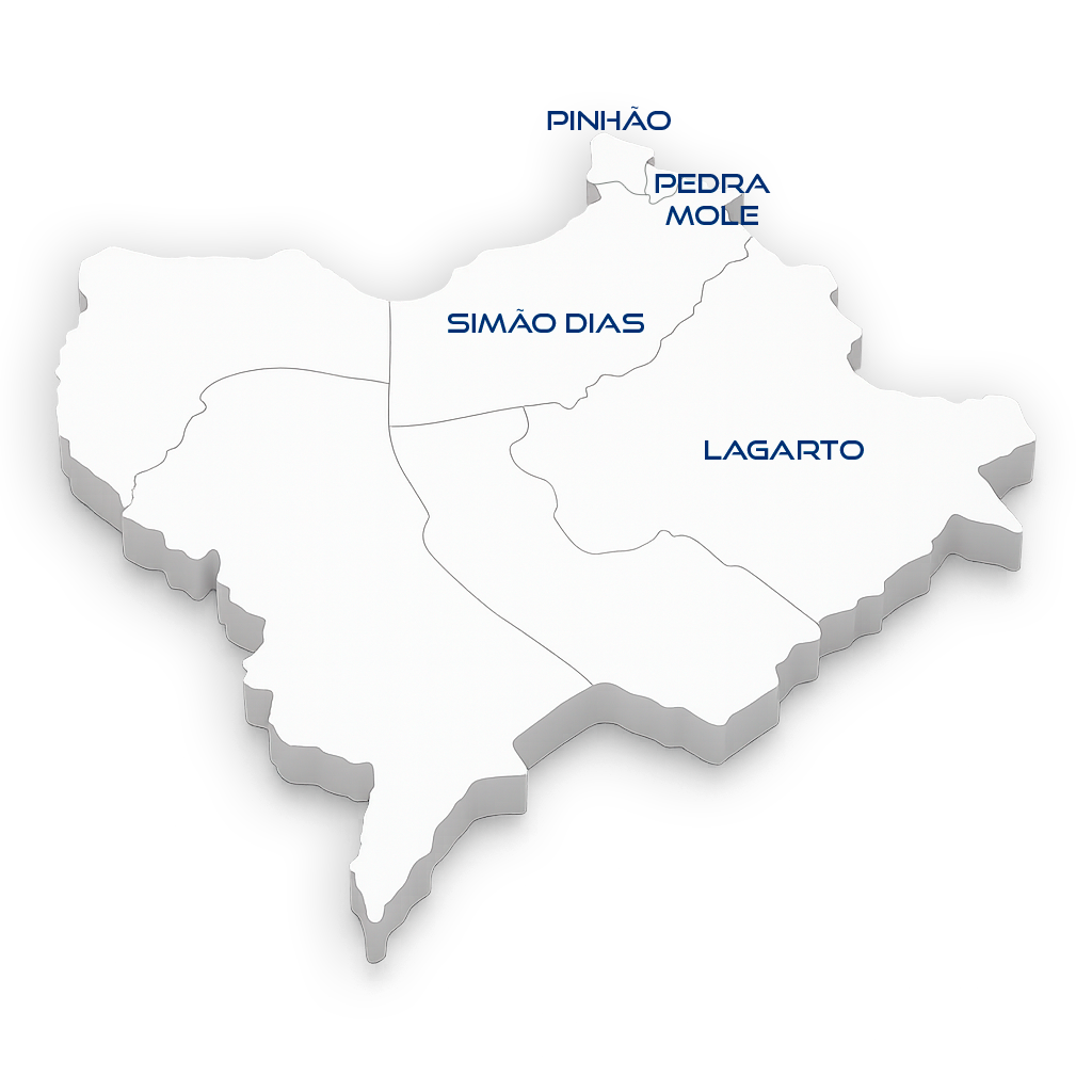 Mapa com cidades: Pinhão, Pedra Mole, Simão Dias e Lagarto